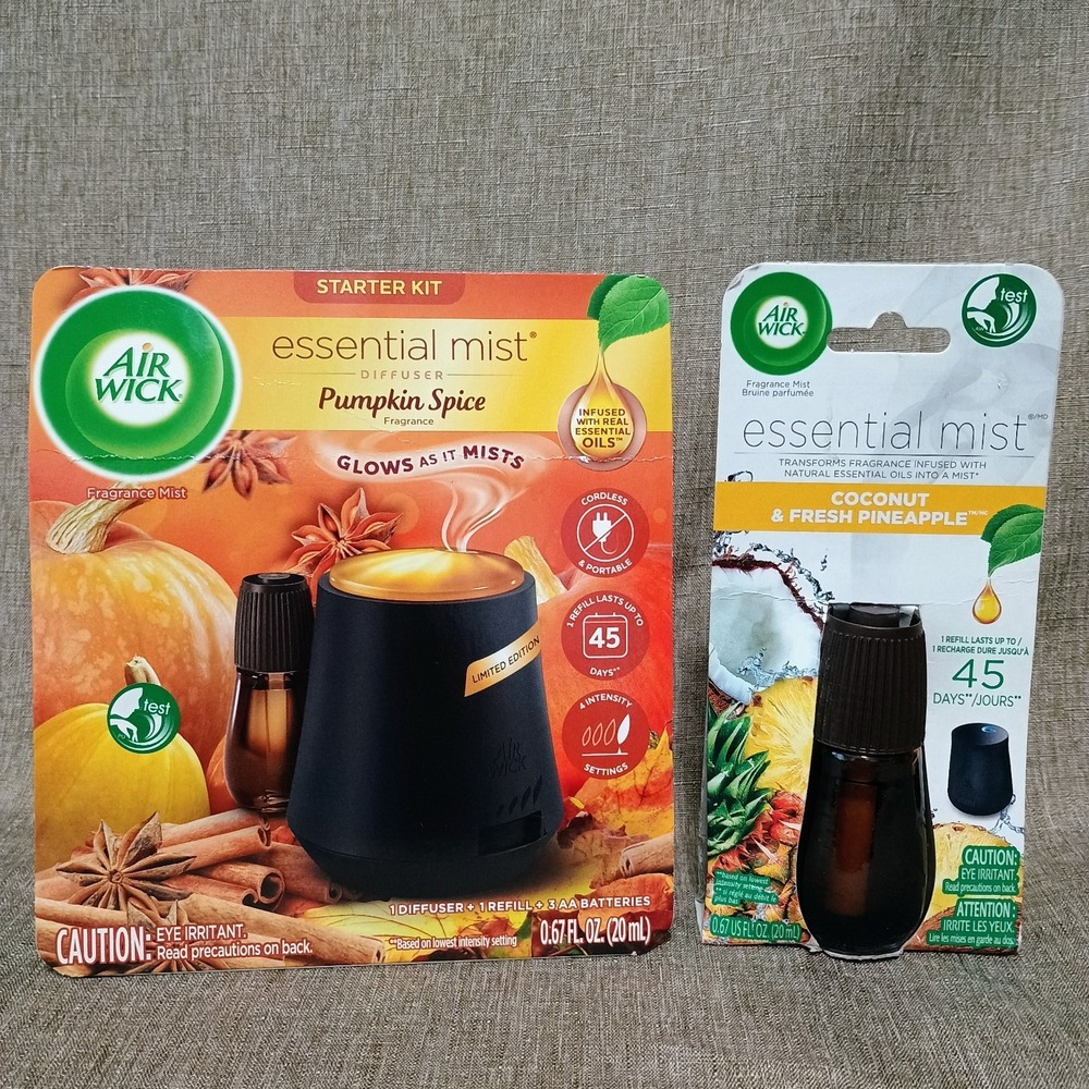 Lot of 2 - Air Wick Essential Mist Diffuser Pumpkin Spice Starter Kit & 1 Refill